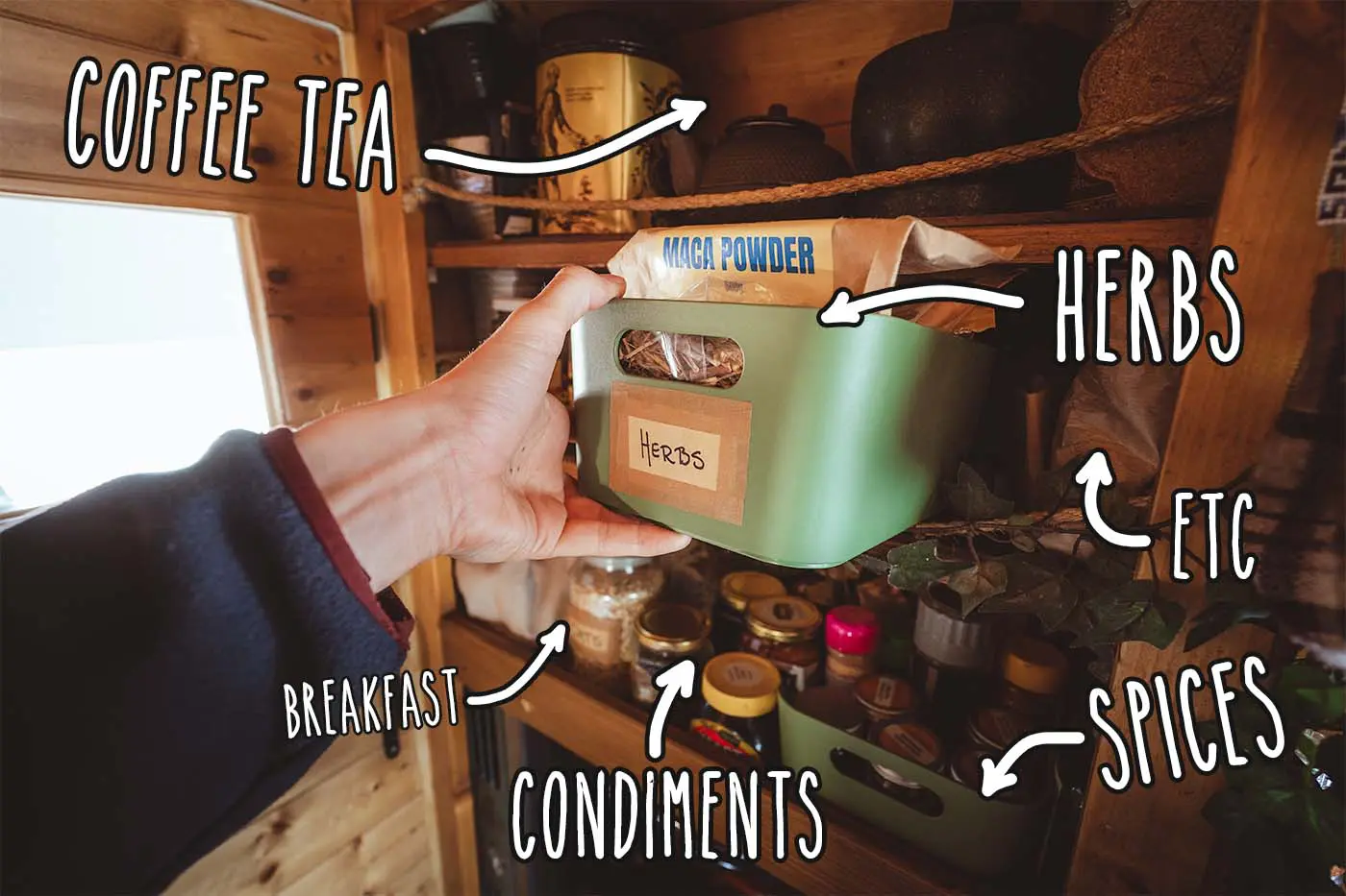Kitchen storage space of van conversion