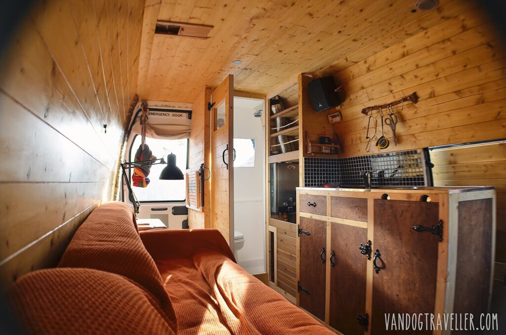 cosy warm wooden DIY campervan interior