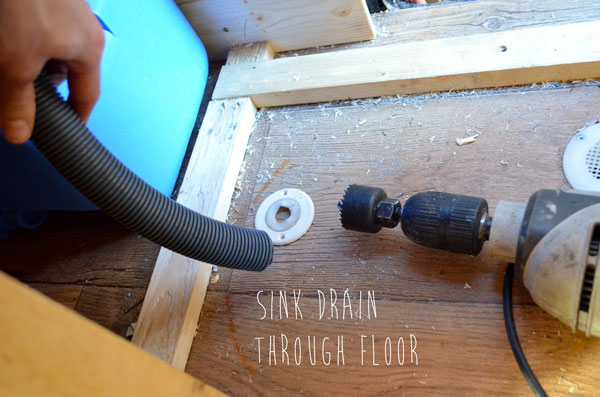 28mm convoluted sink drain hose pipe. Hole about to be cut in floor