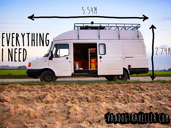 DIY campervan, view from side with side door open, showing dimensions