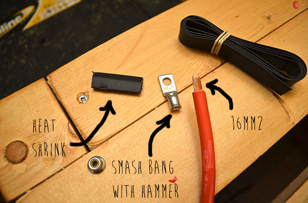 crimping terminals to 16mm2 cable for van electrics. Including heat-shrink sleeving