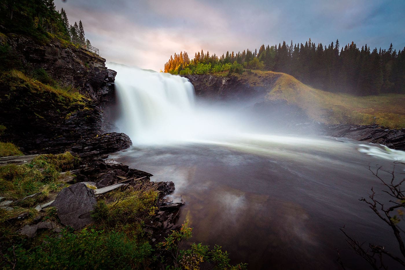 waterfall at sunset