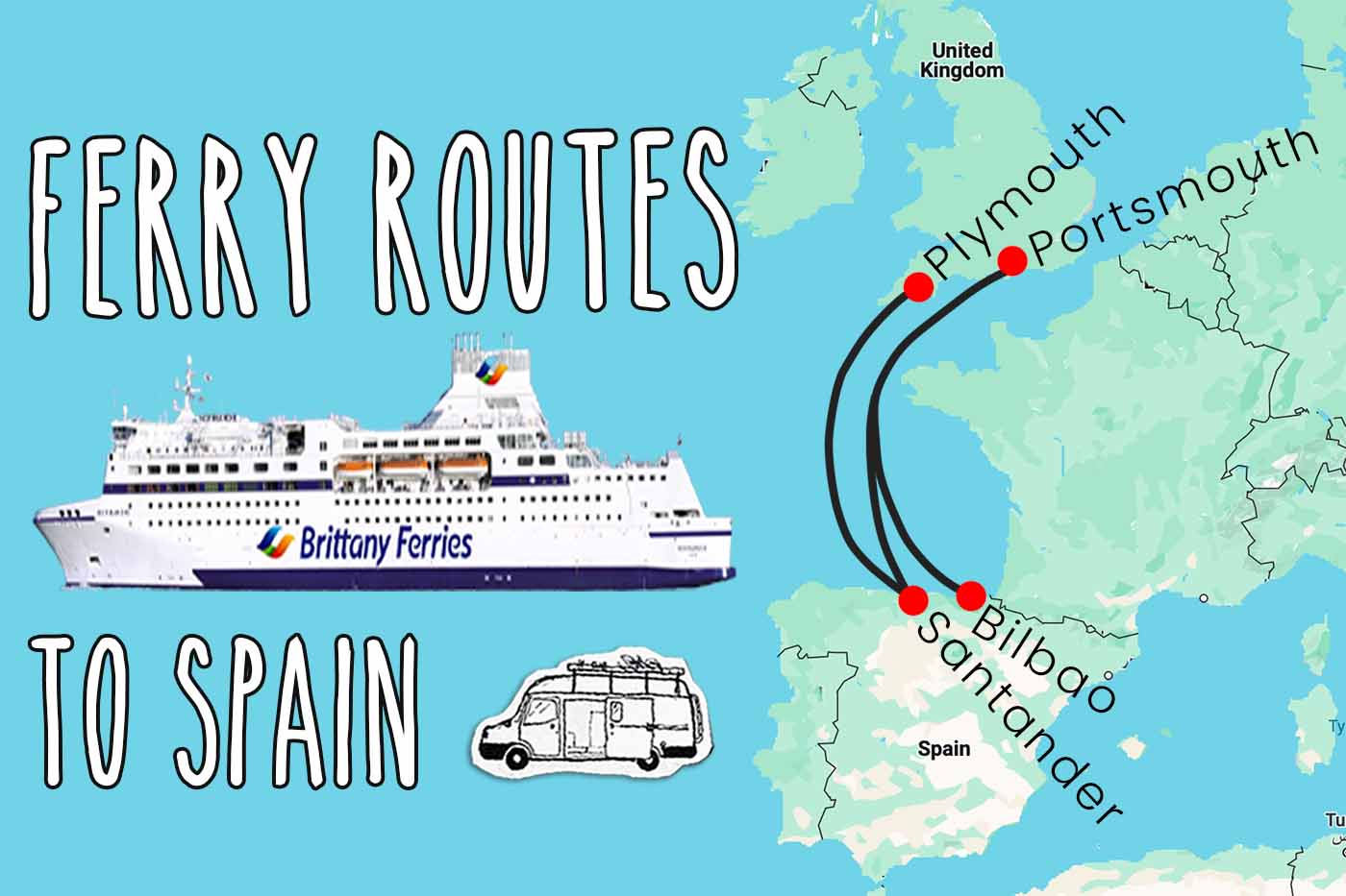 Map showing different ferry routes from the UK to Spain
