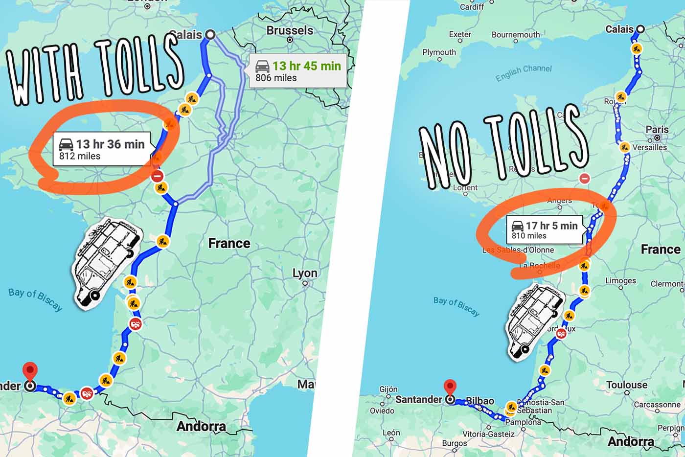 Map route comparing driving through France with and without using the toll roads